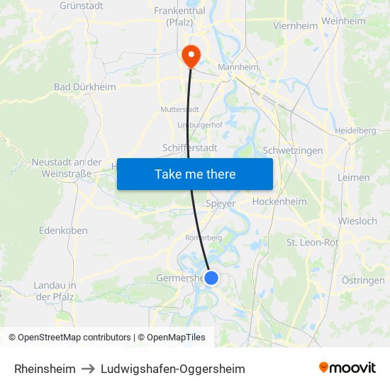 Rheinsheim to Ludwigshafen-Oggersheim map