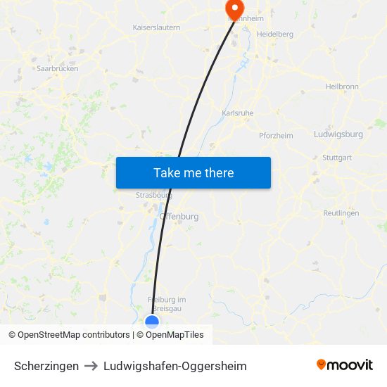 Scherzingen to Ludwigshafen-Oggersheim map