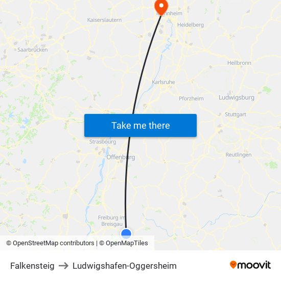 Falkensteig to Ludwigshafen-Oggersheim map