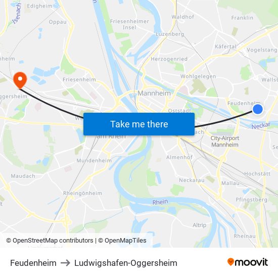 Feudenheim to Ludwigshafen-Oggersheim map