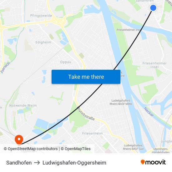 Sandhofen to Ludwigshafen-Oggersheim map