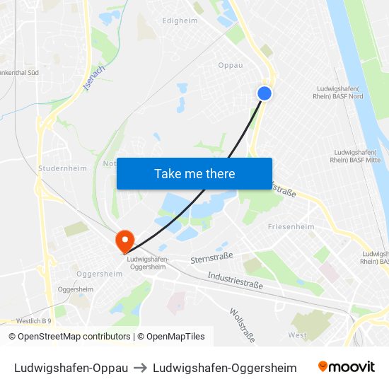 Ludwigshafen-Oppau to Ludwigshafen-Oggersheim map