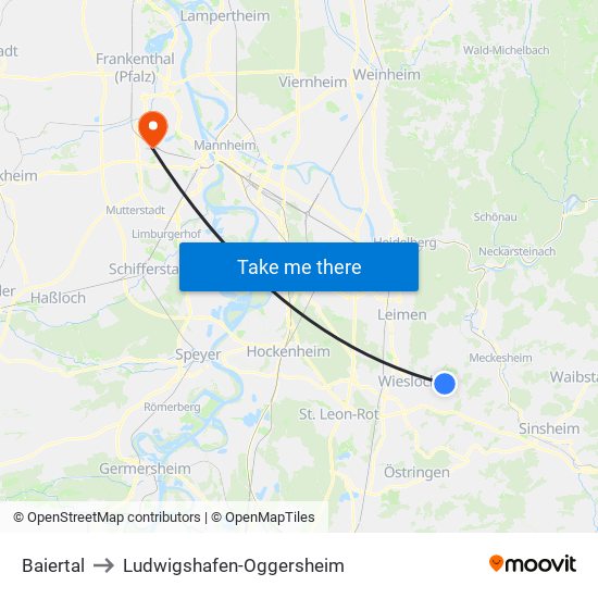 Baiertal to Ludwigshafen-Oggersheim map