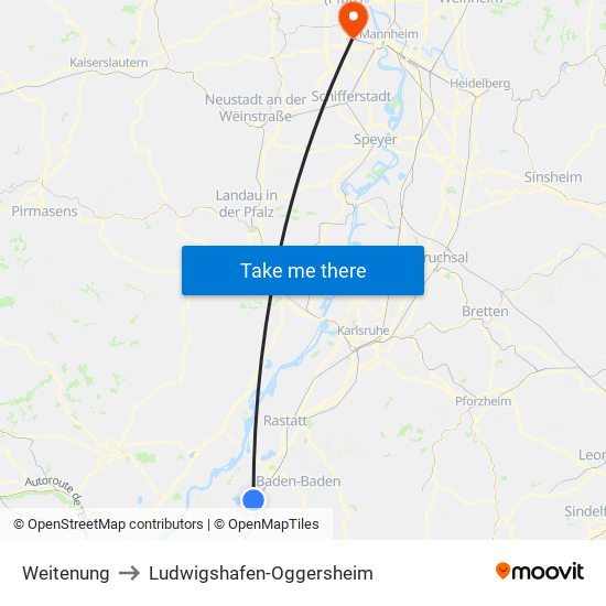 Weitenung to Ludwigshafen-Oggersheim map