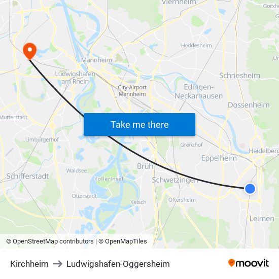 Kirchheim to Ludwigshafen-Oggersheim map