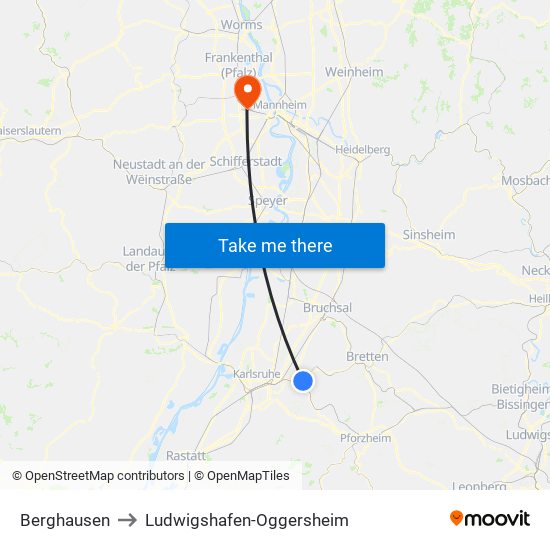 Berghausen to Ludwigshafen-Oggersheim map