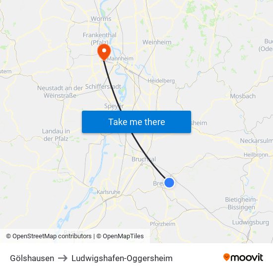 Gölshausen to Ludwigshafen-Oggersheim map