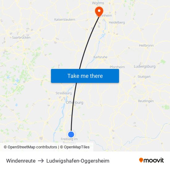 Windenreute to Ludwigshafen-Oggersheim map