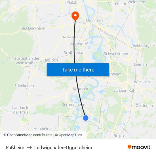 Rußheim to Ludwigshafen-Oggersheim map