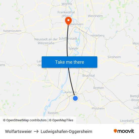 Wolfartsweier to Ludwigshafen-Oggersheim map