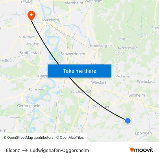 Elsenz to Ludwigshafen-Oggersheim map