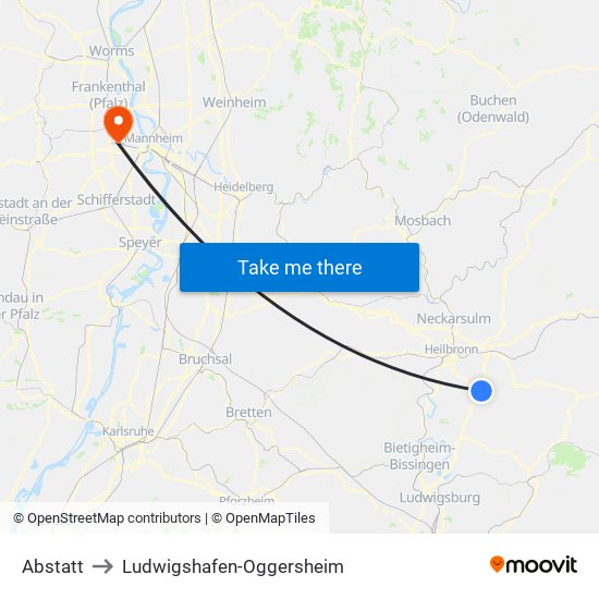 Abstatt to Ludwigshafen-Oggersheim map