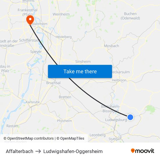 Affalterbach to Ludwigshafen-Oggersheim map