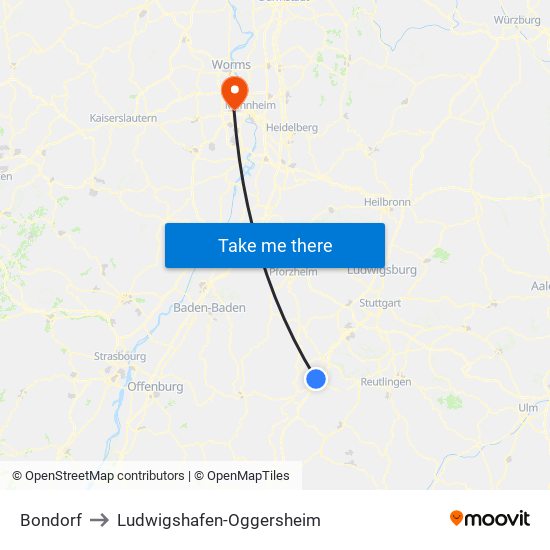 Bondorf to Ludwigshafen-Oggersheim map