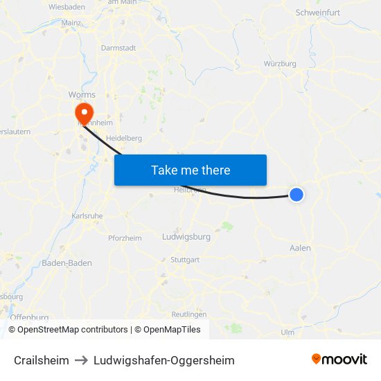 Crailsheim to Ludwigshafen-Oggersheim map
