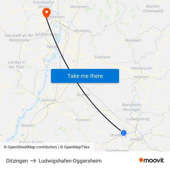 Ditzingen to Ludwigshafen-Oggersheim map