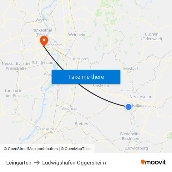 Leingarten to Ludwigshafen-Oggersheim map