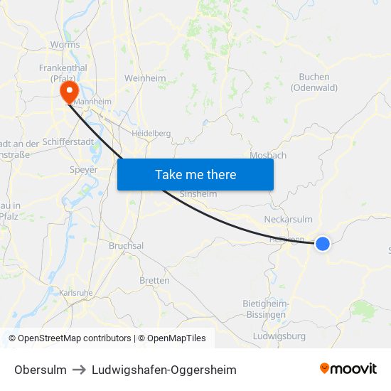 Obersulm to Ludwigshafen-Oggersheim map