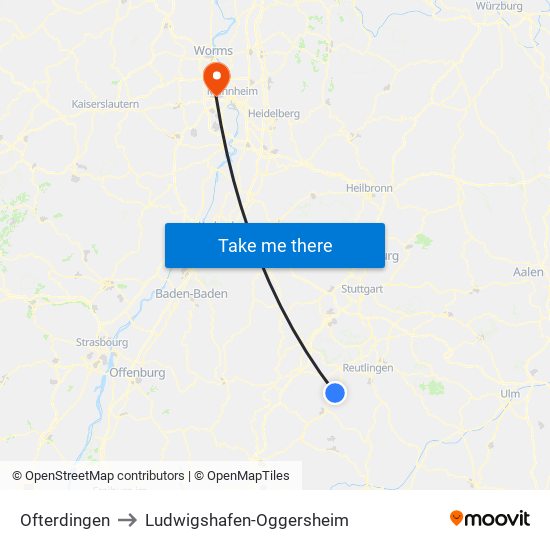 Ofterdingen to Ludwigshafen-Oggersheim map