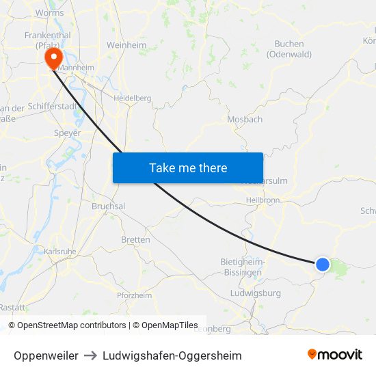 Oppenweiler to Ludwigshafen-Oggersheim map