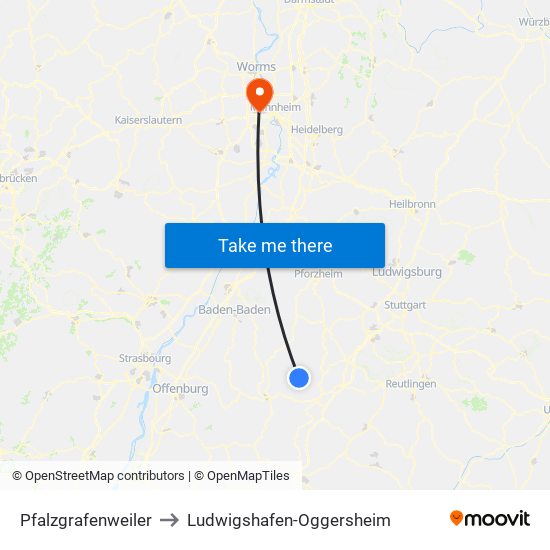 Pfalzgrafenweiler to Ludwigshafen-Oggersheim map