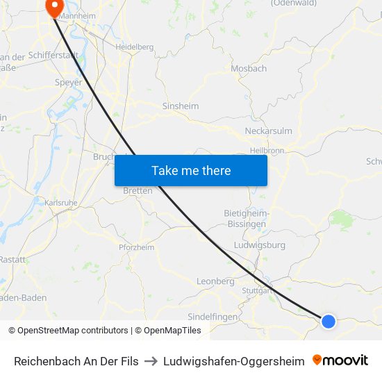 Reichenbach An Der Fils to Ludwigshafen-Oggersheim map