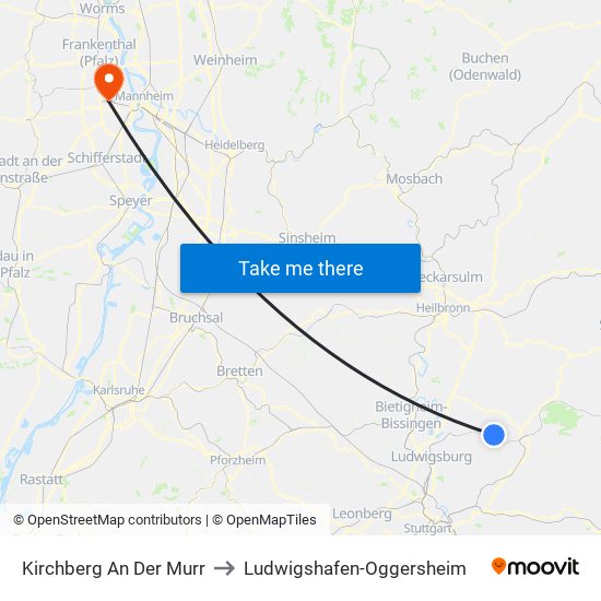 Kirchberg An Der Murr to Ludwigshafen-Oggersheim map