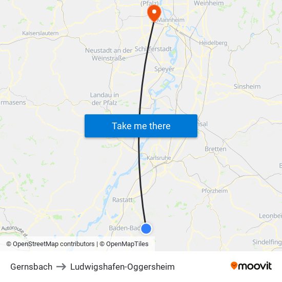 Gernsbach to Ludwigshafen-Oggersheim map