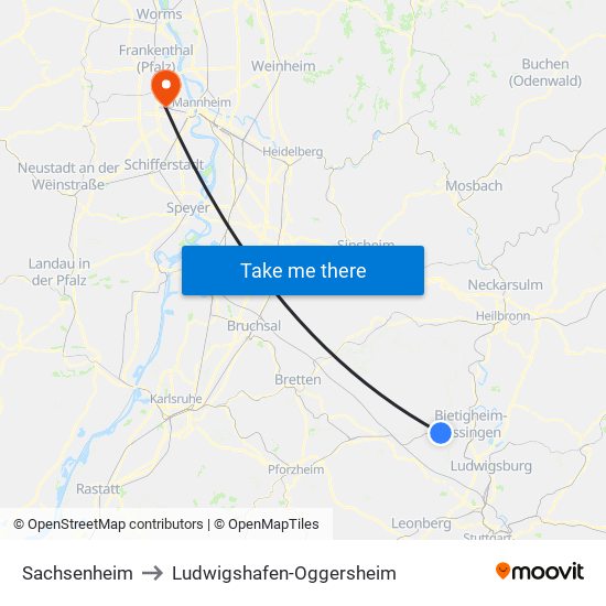 Sachsenheim to Ludwigshafen-Oggersheim map