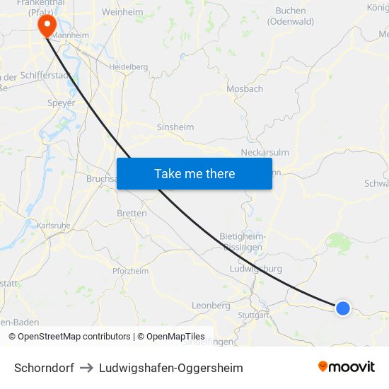 Schorndorf to Ludwigshafen-Oggersheim map