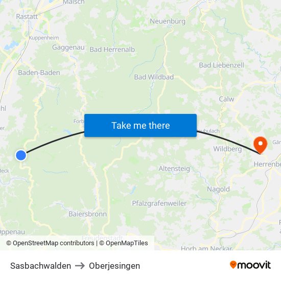 Sasbachwalden to Oberjesingen map