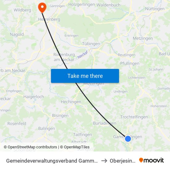 Gemeindeverwaltungsverband Gammertingen to Oberjesingen map