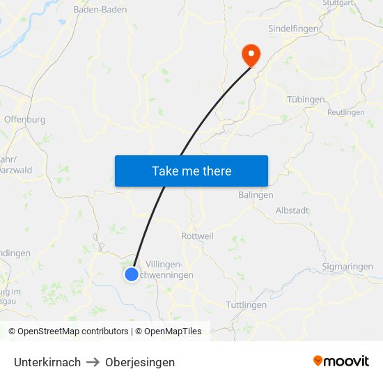 Unterkirnach to Oberjesingen map