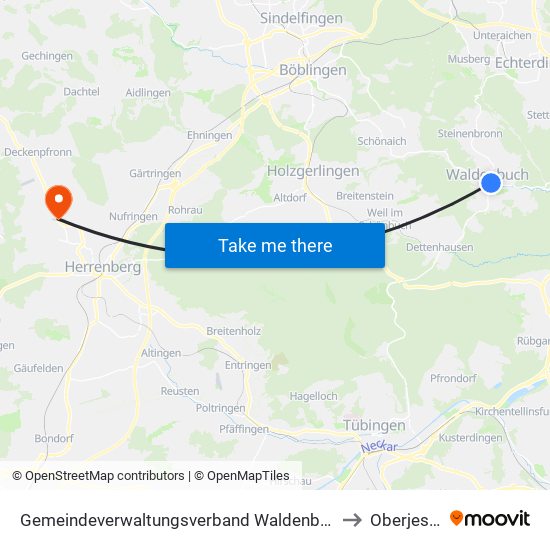 Gemeindeverwaltungsverband Waldenbuch/Steinenbronn to Oberjesingen map