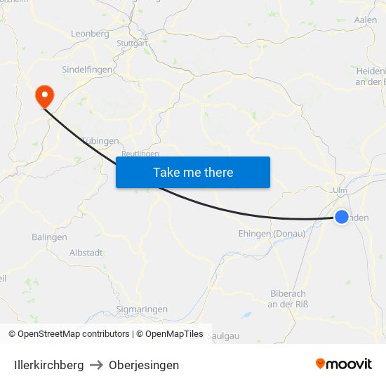 Illerkirchberg to Oberjesingen map