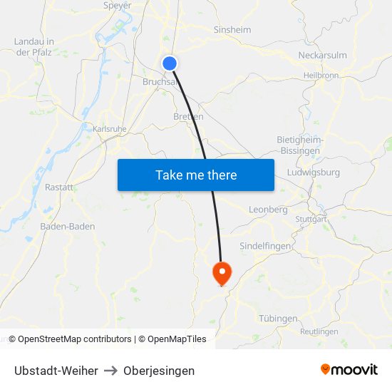 Ubstadt-Weiher to Oberjesingen map