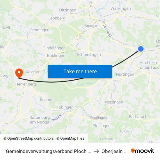 Gemeindeverwaltungsverband Plochingen to Oberjesingen map