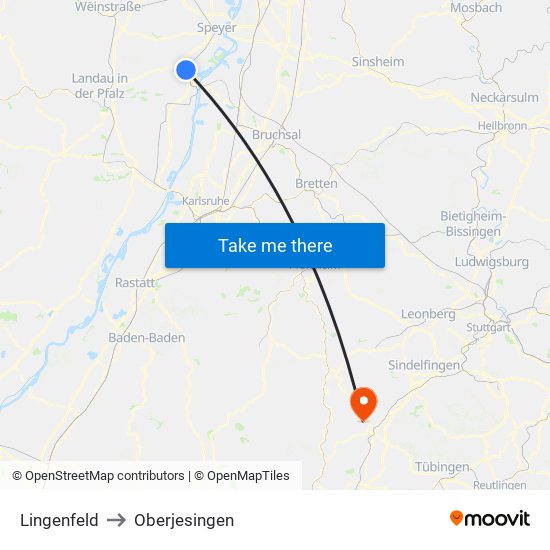 Lingenfeld to Oberjesingen map
