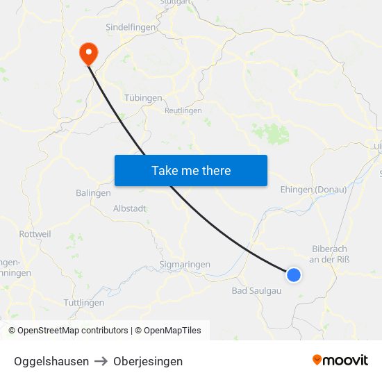 Oggelshausen to Oberjesingen map