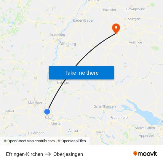 Efringen-Kirchen to Oberjesingen map