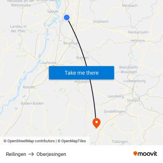 Reilingen to Oberjesingen map