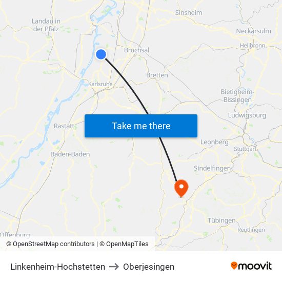 Linkenheim-Hochstetten to Oberjesingen map