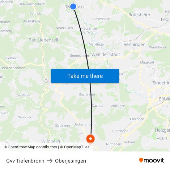 Gvv Tiefenbronn to Oberjesingen map