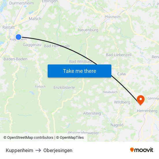 Kuppenheim to Oberjesingen map