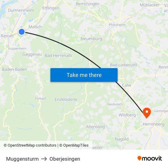 Muggensturm to Oberjesingen map