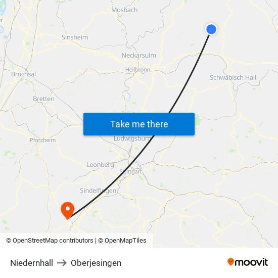 Niedernhall to Oberjesingen map