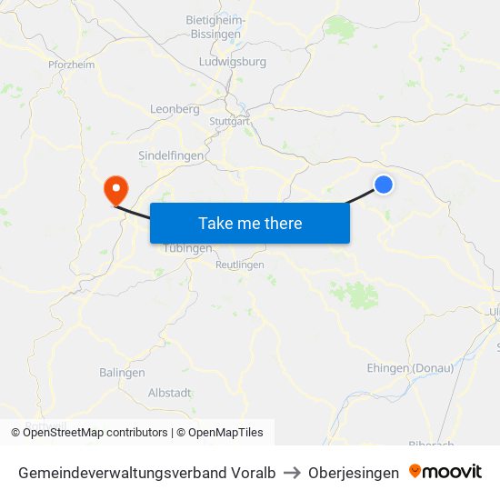 Gemeindeverwaltungsverband Voralb to Oberjesingen map