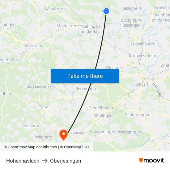 Hohenhaslach to Oberjesingen map