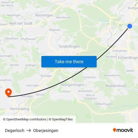 Degerloch to Oberjesingen map