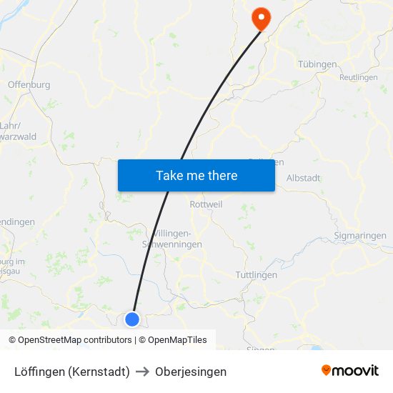 Löffingen (Kernstadt) to Oberjesingen map